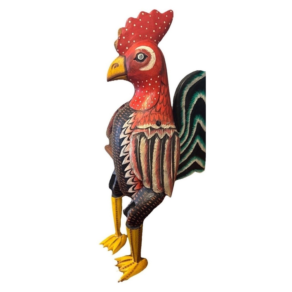Hand Carved Wooden Rooster Figurine Folk Art‎ Red Yellow Tail